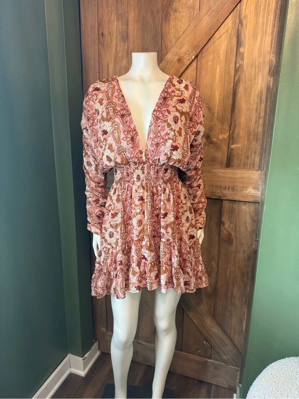 Misa Los Angeles Rose and Rust Floral Deep V Smocked Mini Dress